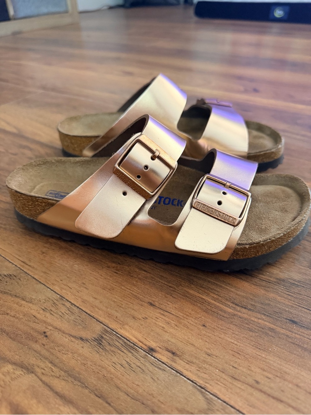 Birkenstock Two-Strap Sandals in Rose Gold Metallic